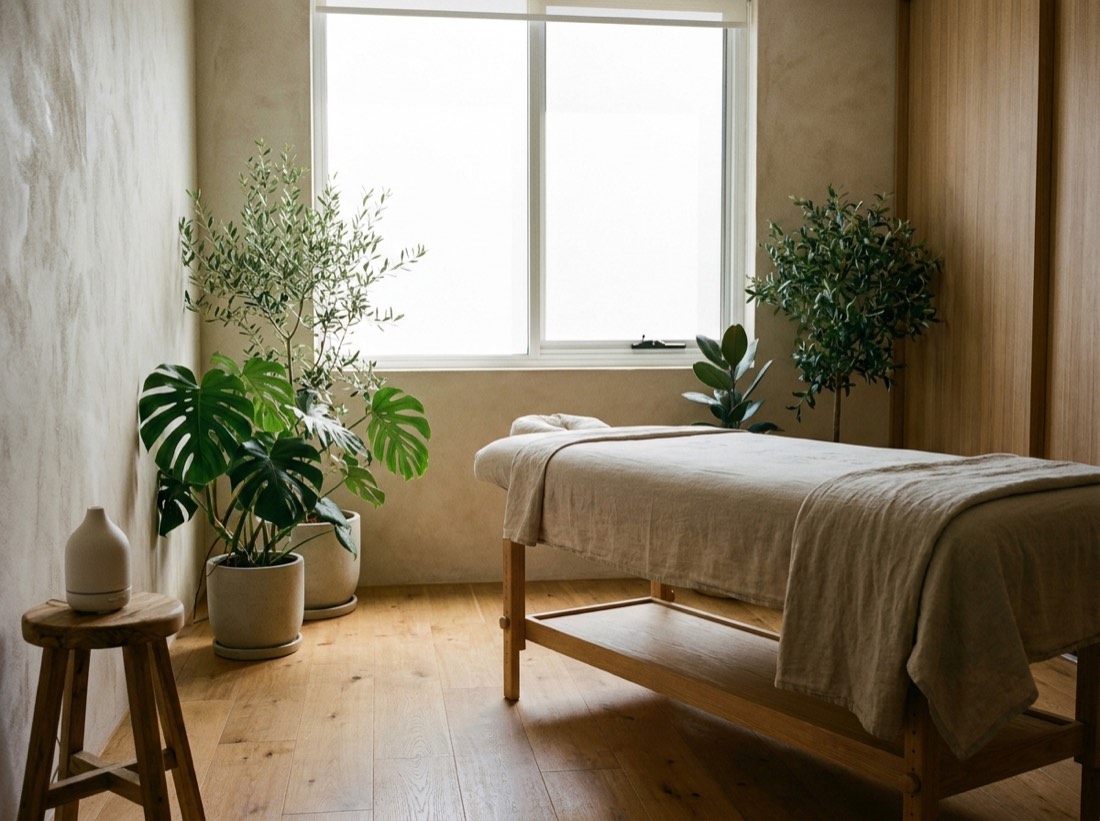 A calm treatment room with a made bed, timber floors and plants