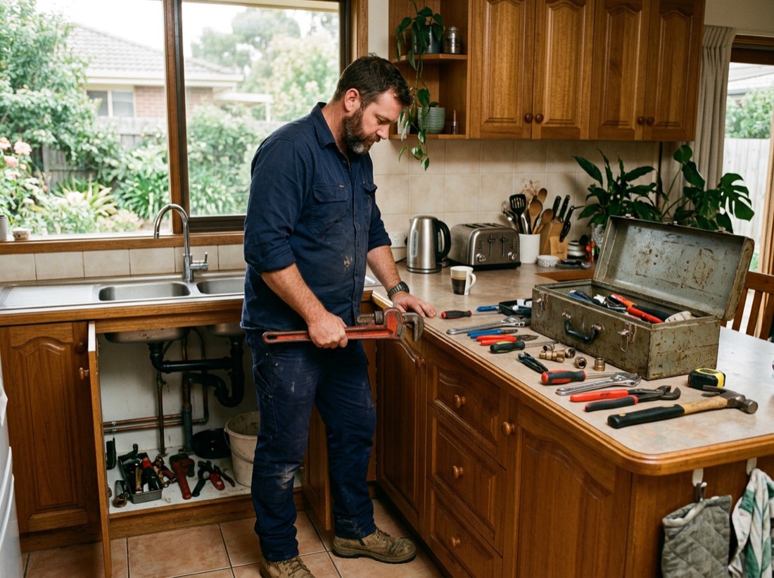 A plumber with a pipe wrench beside an open toolbox in a suburban kitchen